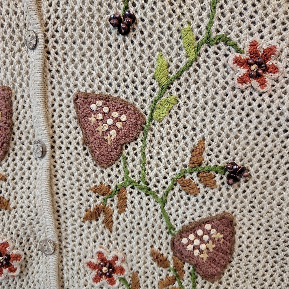 Vintage Jantzen Cardigan Sweater Women's M Beige Embroidery Mushroom Aesthetic - Picture 6 of 11